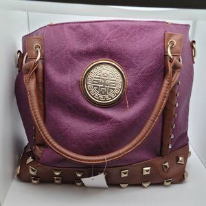 Gold Studded Double Handle Zip Top Handbag w/ Detachable Strap Purple/Tan